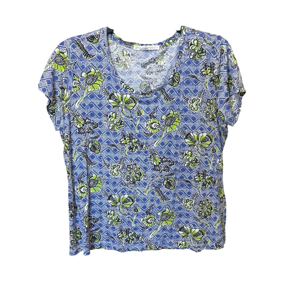Peruvian Connection Top XL Blue Green Floral Pima Cotton Short Sleeve Tee